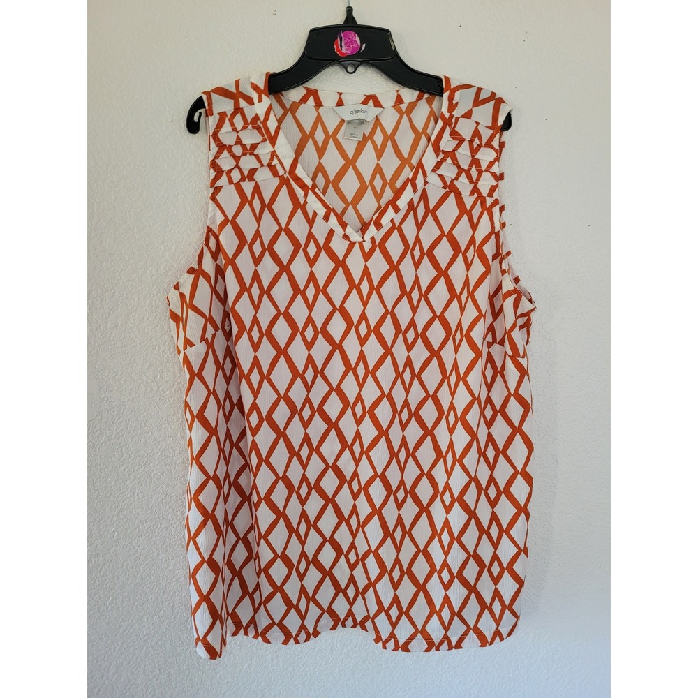 CJ Banks Womens 1X Orange Geometric Diamond Print V-Neck Sleeveless Blouse #9